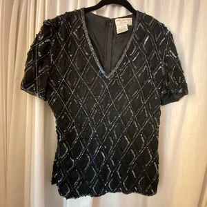 Papēll Boutique Evening Top Sequins & Beaded Black 100% Silk Size Woman’s Medium